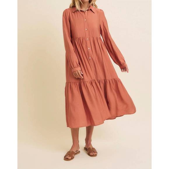 NEW IN FEBRUARY seasons change button down midi dress in rust - Picture 2 of 4